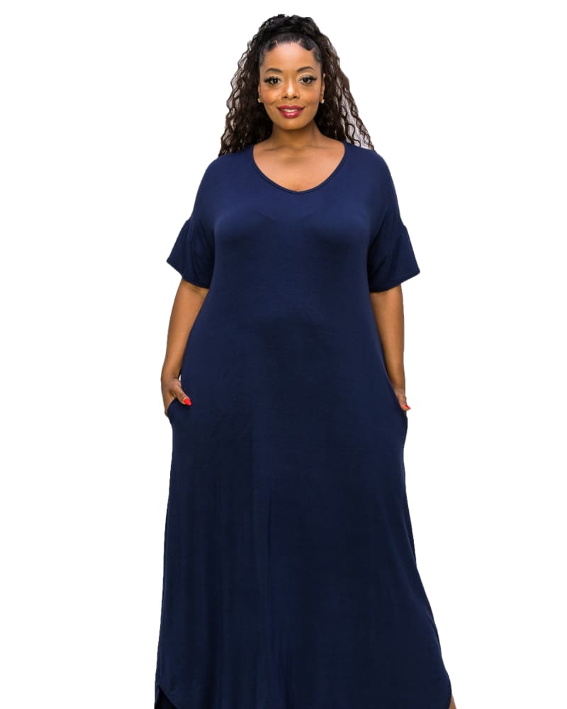 Front of a model wearing a size 2X Scarlett Maxi Dress in Navy by L I V D. | dia_product_style_image_id:272272
